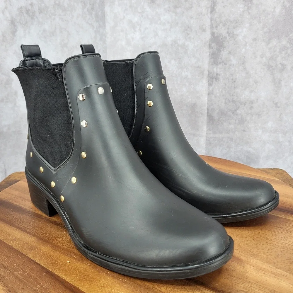 Kate Spade Chelsea Rain Boots‎ Womens 10 / 11 Black Gold Studded Water Resistant